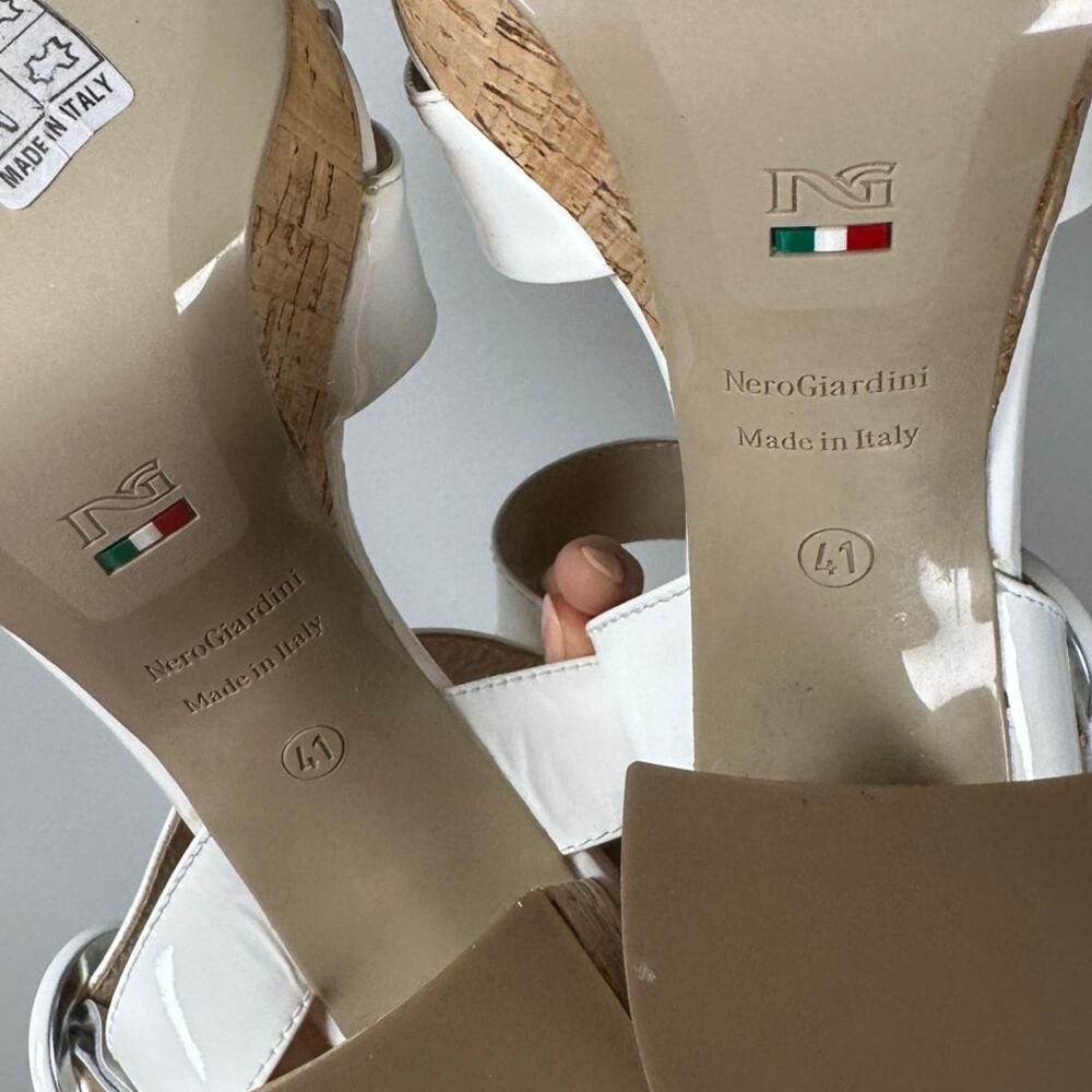 NeroGiardini White & Tan Cork Buckle Patent Leather Platform Heels Women's 11 - Picture 10 of 11